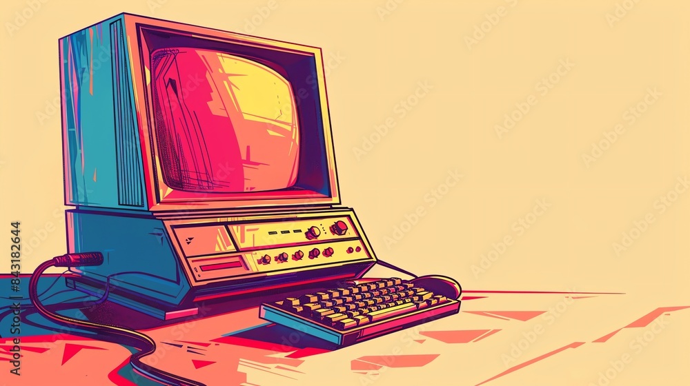 Poster a retro computer with a beige background. the computer has a blue screen and a gray keyboard.