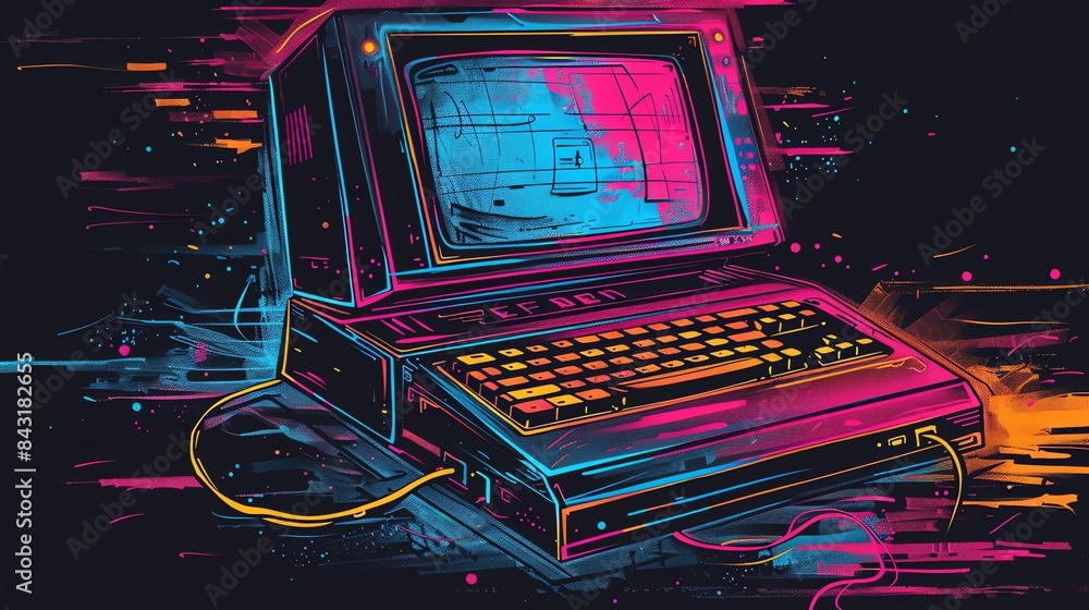 Poster a retro computer with a glowing screen and keyboard. the computer is surrounded by colorful abstract