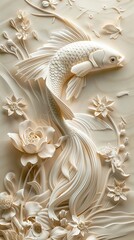 Beautiful fish 3d relief wallpaper. Mural wallpaper. Wall art. AI generated illustration.