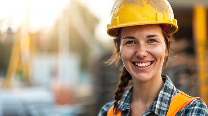 A young construction worker wearing a hard hat, flannel shirt, and safety vest smiles at the camera.