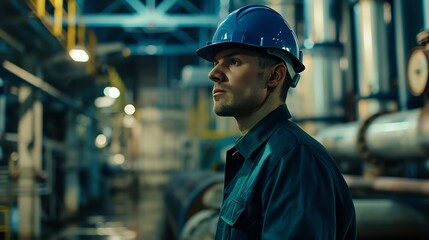 Thoughtful male worker wearing blue hard hat and blue uniform looking away while standing in industrial building.