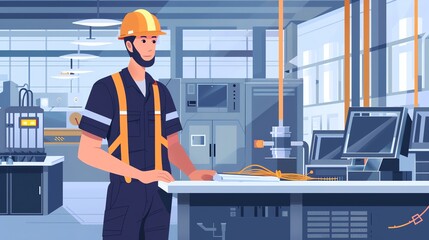 Industrial engineer in hard hat standing in factory and looking at the production line.