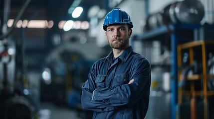 Portrait of a confident male industrial worker wearing a blue hard hat and blue coveralls standing in a factory with arms crossed.