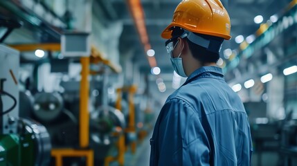 Industrial worker wearing a hard hat and safety glasses looks over the machinery on the factory floor.