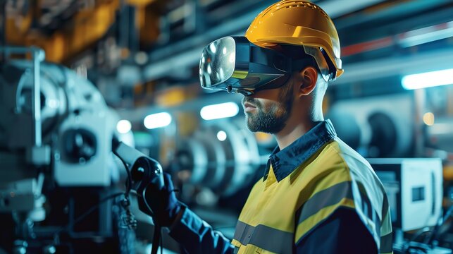 Industrial worker wearing a hard hat and virtual reality headset operates machinery in a modern factory. - Powered by Adobe