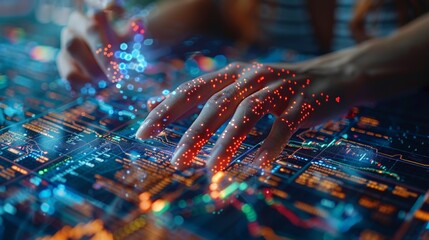 A close up image of hands interacting with a modern touch screen device