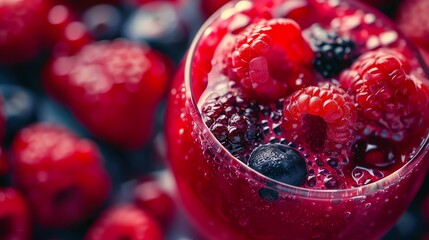 Close-up of a glass of fresh raspberries and blueberries. The glass is sitting on a table surrounded by more berries.