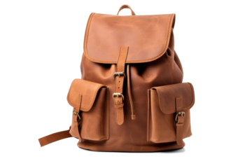 Brown Leather Backpack with Pockets | Isolated on Transparent & White Background | PNG File with Transparency