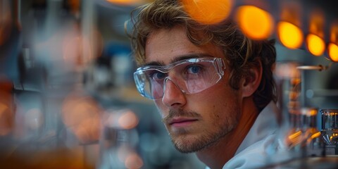 In a laboratory, a man wearing safety glasses is conducting work