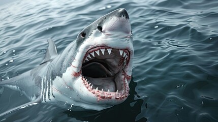 Naklejka premium Great white shark in the ocean with mouth and teeth wide open. 3D illustration, carcharodon carcharias.