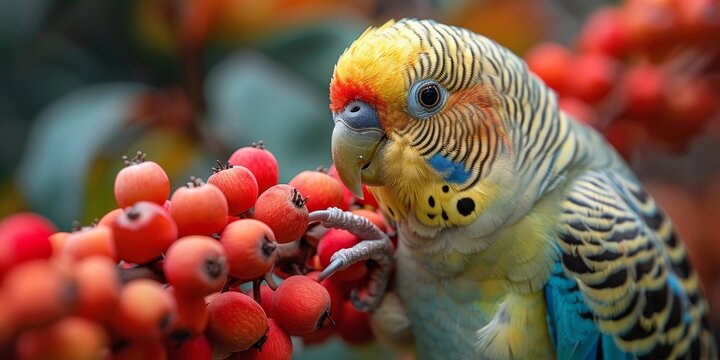 A vibrant parakeet is feeding on berries from a tree