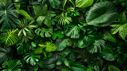 a lush tropical foliage composed of various green leaves with diverse shapes and textures