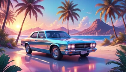 car with luggage ready for summer holidays 3D Rendering with beach and palm trees, tropical vibe, summer, background or wallpaper