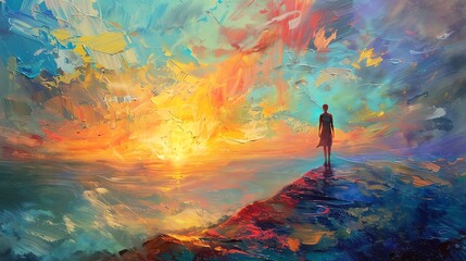 The painting is a beautiful depiction of a lonely figure standing on a cliff, looking out at a vast ocean.