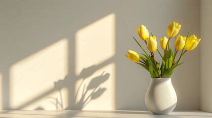 a group of yellow tulips arranged in a white vase, with sunlight casting diagonal shadows on the background wall