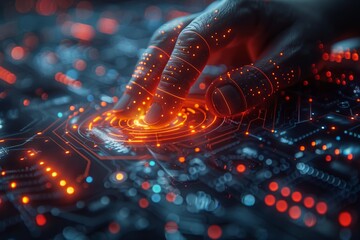 A person interfaces with a hightech display using their fingertip