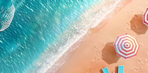 Obraz premium Overhead aerial view of sun umbrellas on a beautiful summer beach