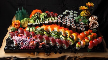 Fototapeta premium A beautiful and delicious platter of sushi, featuring a variety of fresh seafood, vegetables, and sauces.