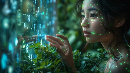 The woman is gazing at a digital display showing numerical data