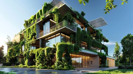 The image is a modern office building with a green facade.