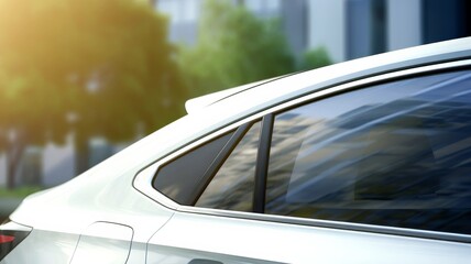 Obraz premium Close-up view of a modern white car's rear window and roof in a urban setting with sunlight and greenery in the background.