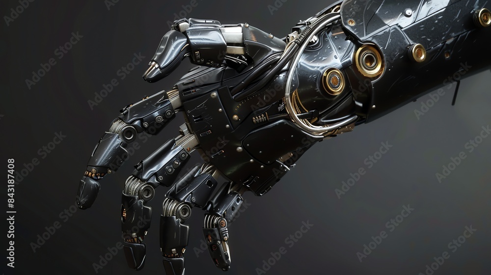 Poster 3d rendering of a realistic robotic hand. the hand is made of metal and has a black and gold color s