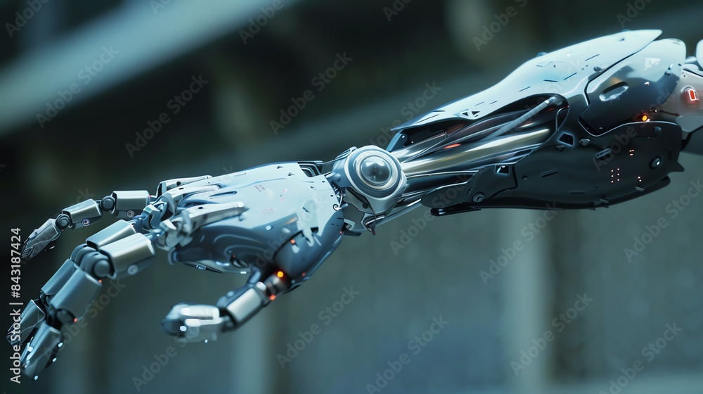 Poster ðÿ¦¾ the image is a 3d rendering of a robotic arm. the arm is made of metal and has a black and silv