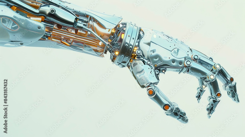 Poster the image is a 3d rendering of a robotic hand. the hand is made of metal and has a silver finish.