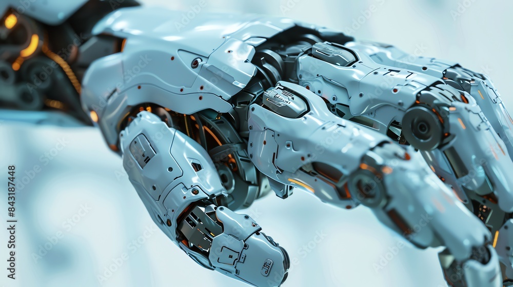 Poster the image is of a robotic hand. it is made of white metal and has orange lights on the joints. the h
