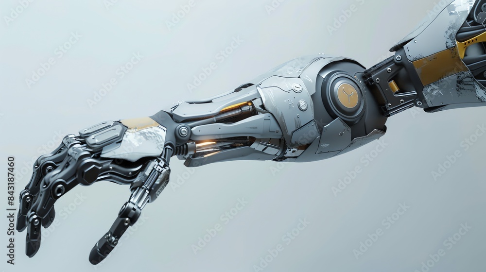 Poster the image is a 3d rendering of a robotic arm. the arm is made of metal and has a black and white col