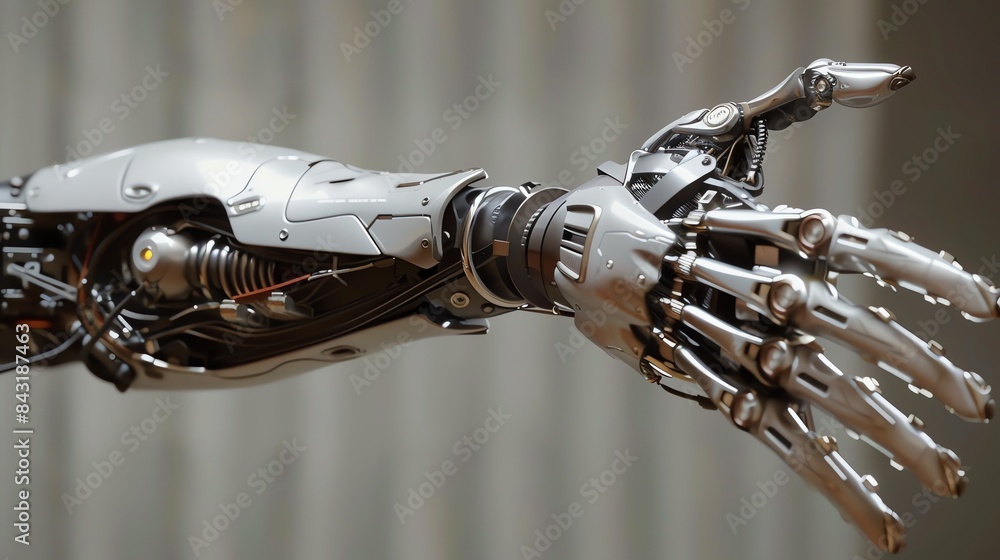 Poster the image is a 3d rendering of a robotic arm. the arm is made of metal and has a silver finish.