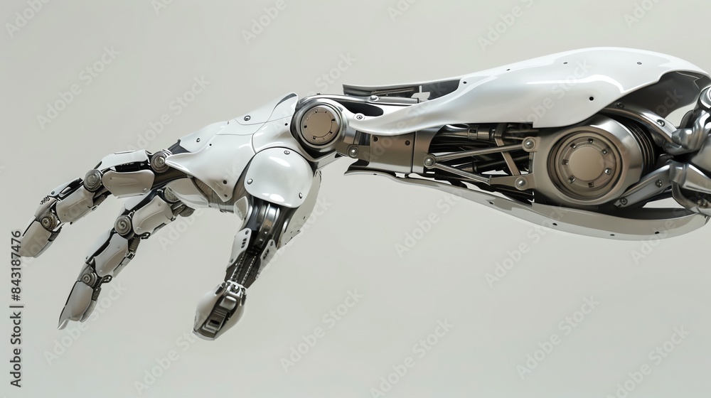 Poster the image is a 3d rendering of a robotic hand. the hand is made of white and gray metal, and it is s