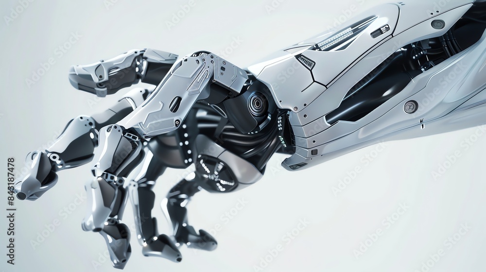 Poster this is a 3d rendering of a robotic hand. the hand is made of metal and has a white and gray color s