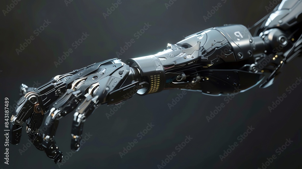 Poster the image is a 3d rendering of a robotic arm. the arm is made of metal and has a black and silver fi