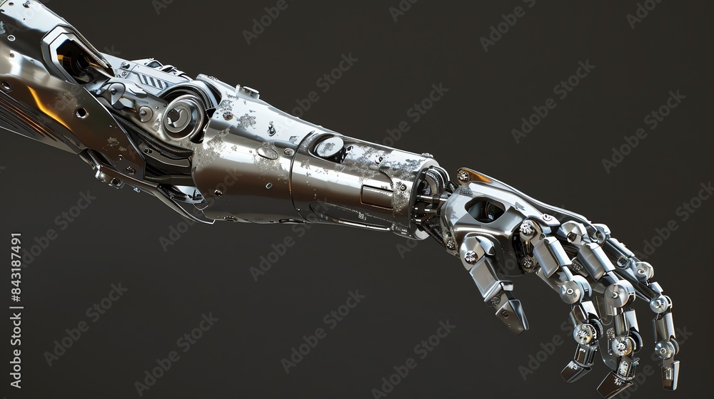 Poster 3d rendering of a realistic robotic arm. the arm is made of metal and has a silver finish. it is sho