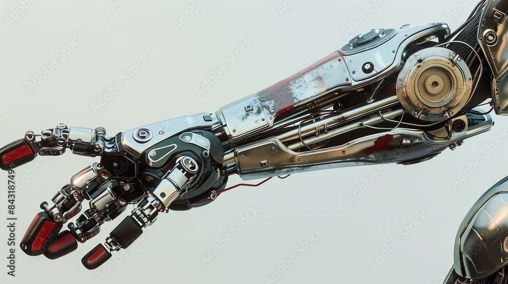 Poster the image is a 3d rendering of a realistic robotic arm. the arm is made of metal and has a silver fi