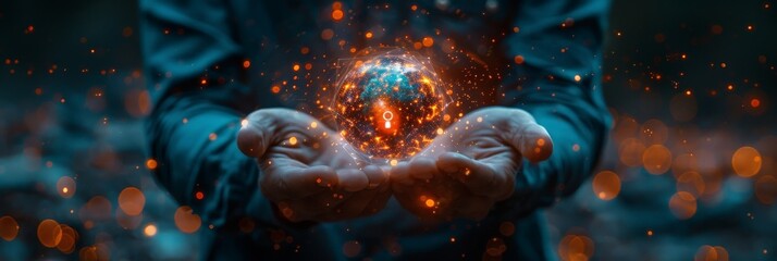 Person holding glowing globe with marine life, art, and events keywords