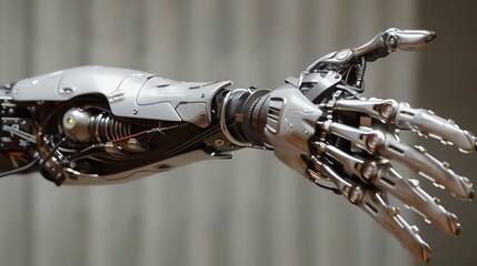 The image is a 3D rendering of a robotic arm. The arm is made of metal and has a silver finish.