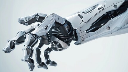 This is a 3D rendering of a robotic hand. The hand is made of metal and has a white and gray color scheme.