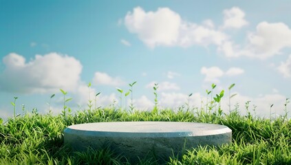 green podium with grass on a blue background

