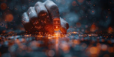 A hand is interacting with a digital screen displaying a battery icon