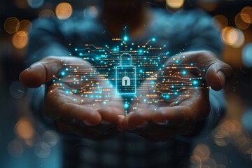 A person is holding a digital padlock in their hands in low lighting conditions