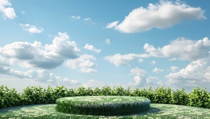 green podium with grass on a blue background

