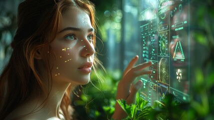 A woman is admiring a hightech display in a forest setting
