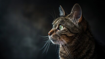 A beautiful cat with green eyes is looking away. The cat is in focus and the background is blurred. The cat has a brown and black coat.