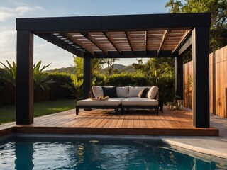 Elegant outdoor sanctuary with teak deck and black pergola, providing morning calm and evening coziness by the pool.