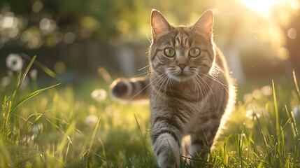 A beautiful cat is walking through a field of green grass. The sun is shining brightly, and the cat's fur is glowing.
