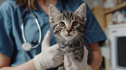 A veterinarian examines a kitten's teeth and gums during a checkup. The kitten is held gently in the veterinarian's hands, and its mouth is open wide.