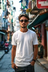 Man Wearing White T-Shirt in City Street. Generative AI