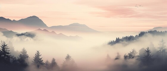Obraz premium Serene forest landscape at dawn, soft pastel hues, misty atmosphere